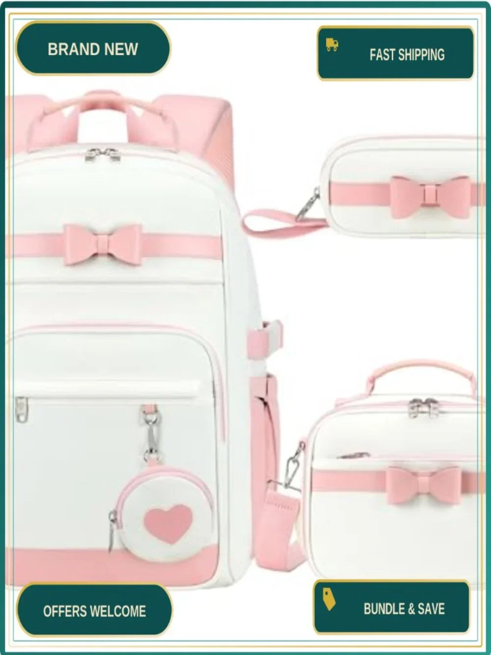 4-Piece Girls Laptop Backpack Set with Lunch Bag and Pencil Case, Waterproof